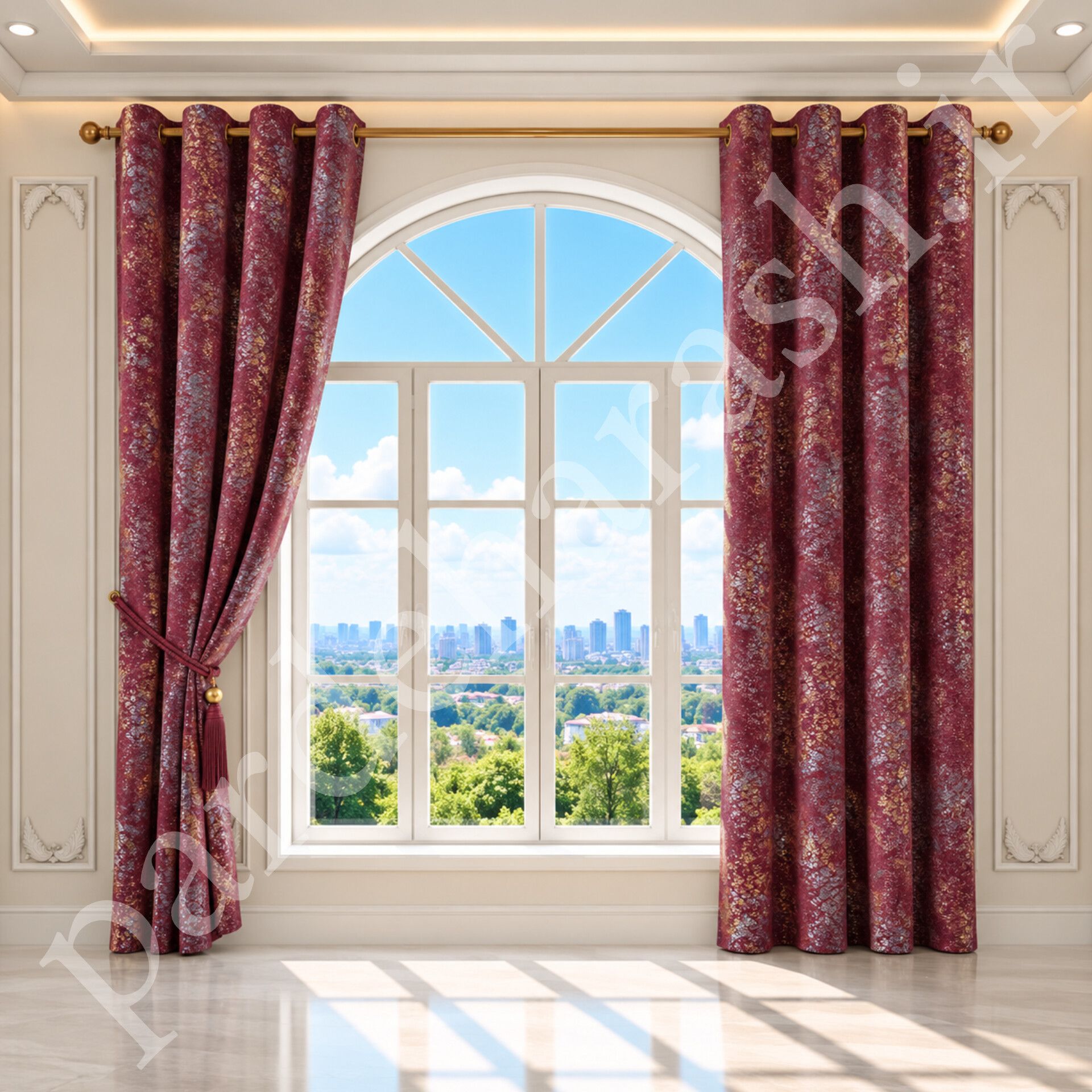 پرده آماده پانچی ، مدل مخمل پتینه طلاکوب سیتاو ، زرشکی شرابی ، کد SITAV-85