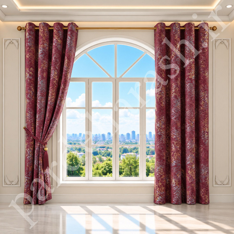 پرده آماده پانچی ، مدل مخمل پتینه طلاکوب سیتاو ، زرشکی شرابی ، کد SITAV-85