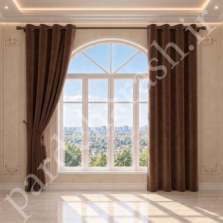 پرده آماده پانچی ، مدل مخمل دلاریس براق ، رنگ قهوه ای شکلاتی ، کد Delaris-48