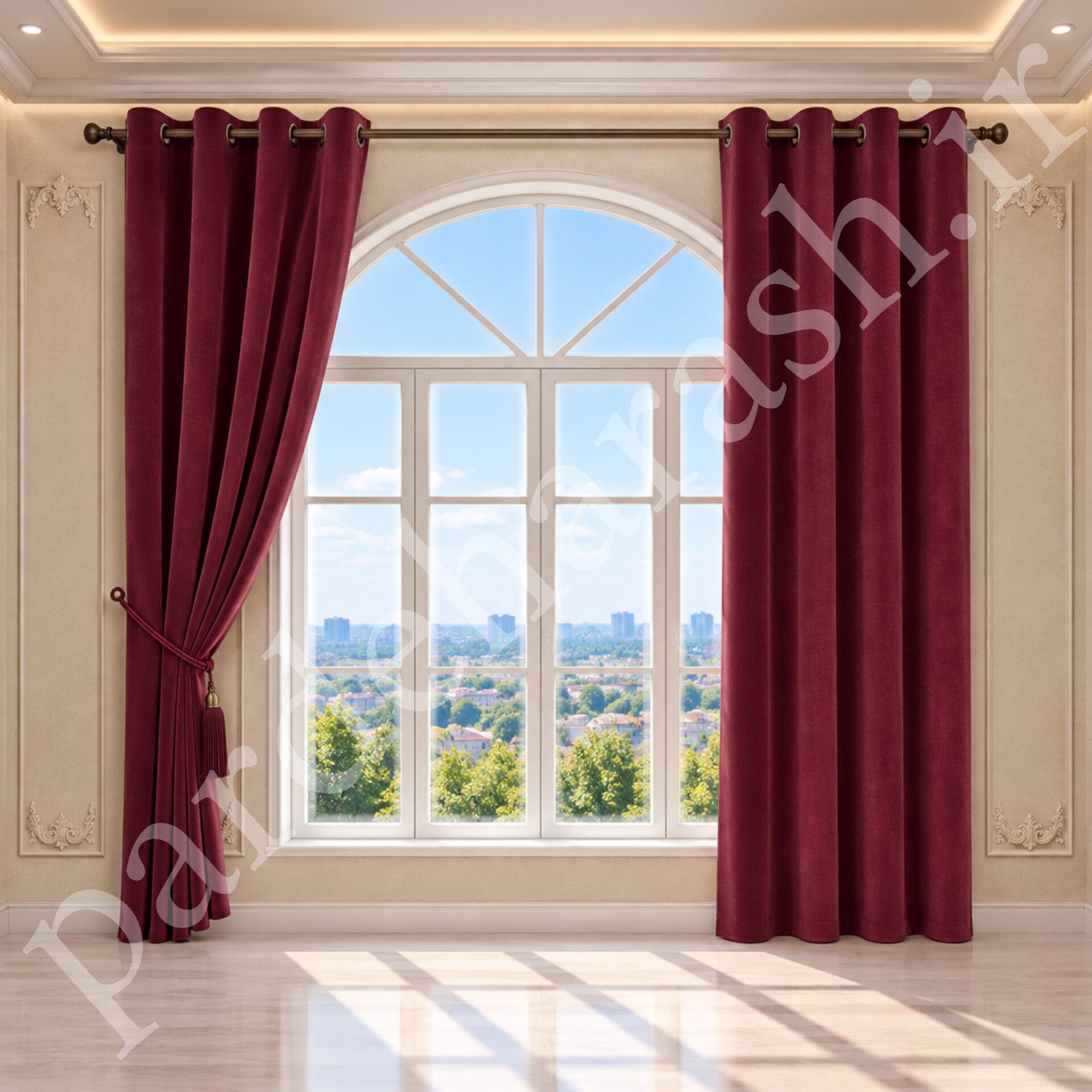 پرده آماده پانچی ، مدل مخمل دلاریس براق ، رنگ شرابی ، کد Delaris-44
