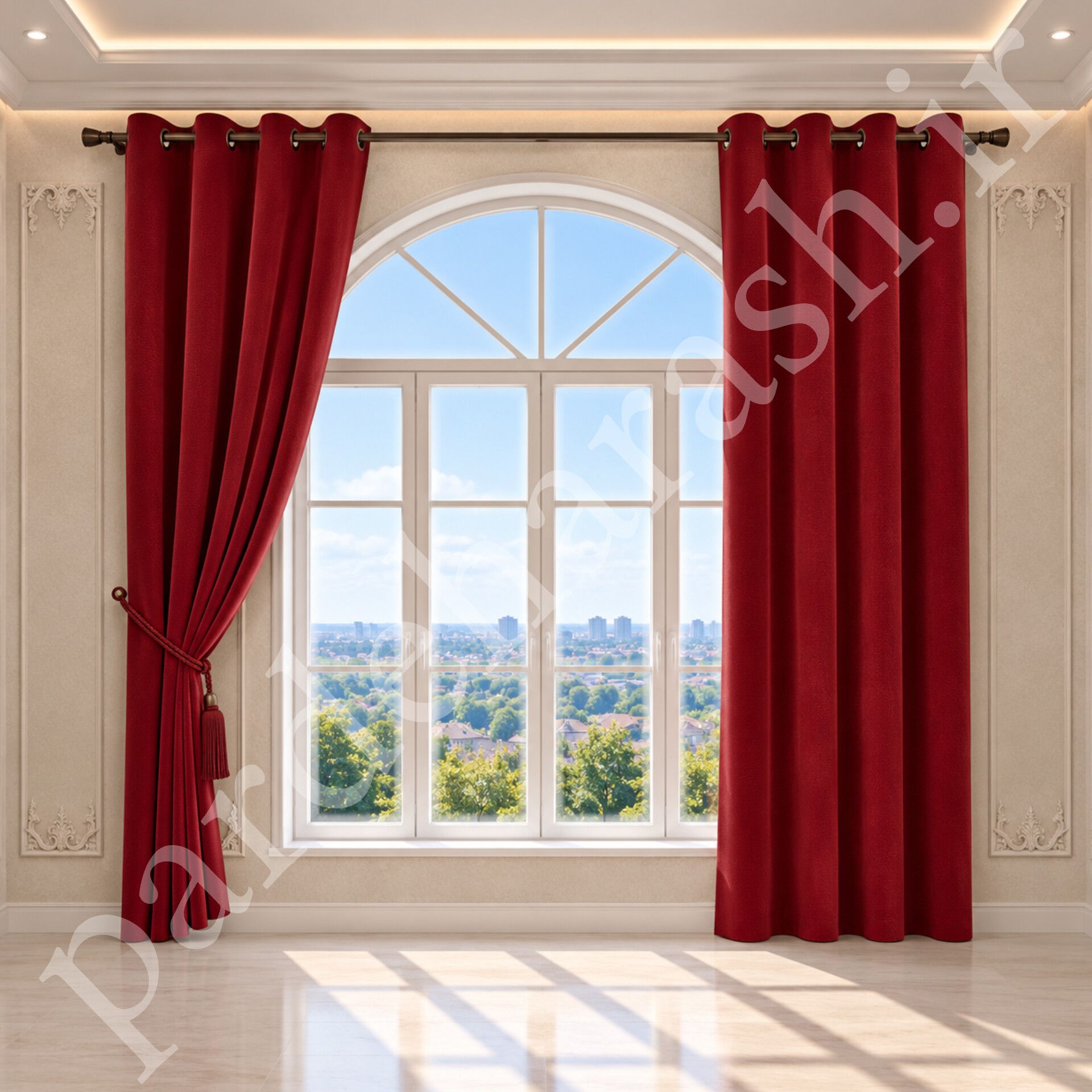 پرده آماده پانچی ، مدل مخمل دلاریس براق ، رنگ قرمز شرابی تیره ، کد Delaris-43
