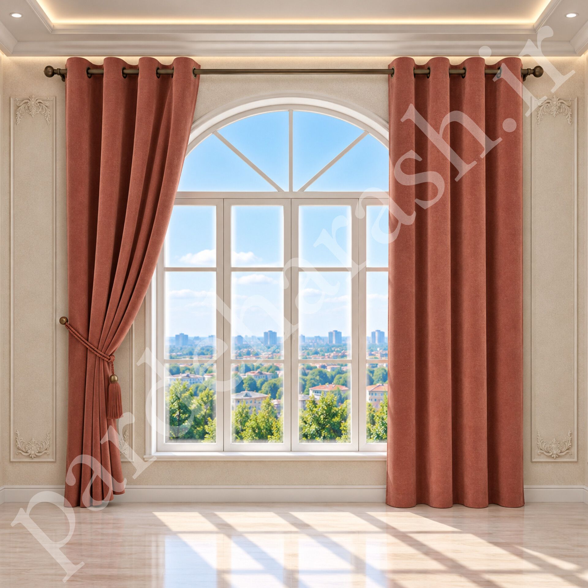 پرده آماده پانچی ، مدل مخمل دلاریس براق ، رنگ آجری گلبهی ، کد Delaris-35