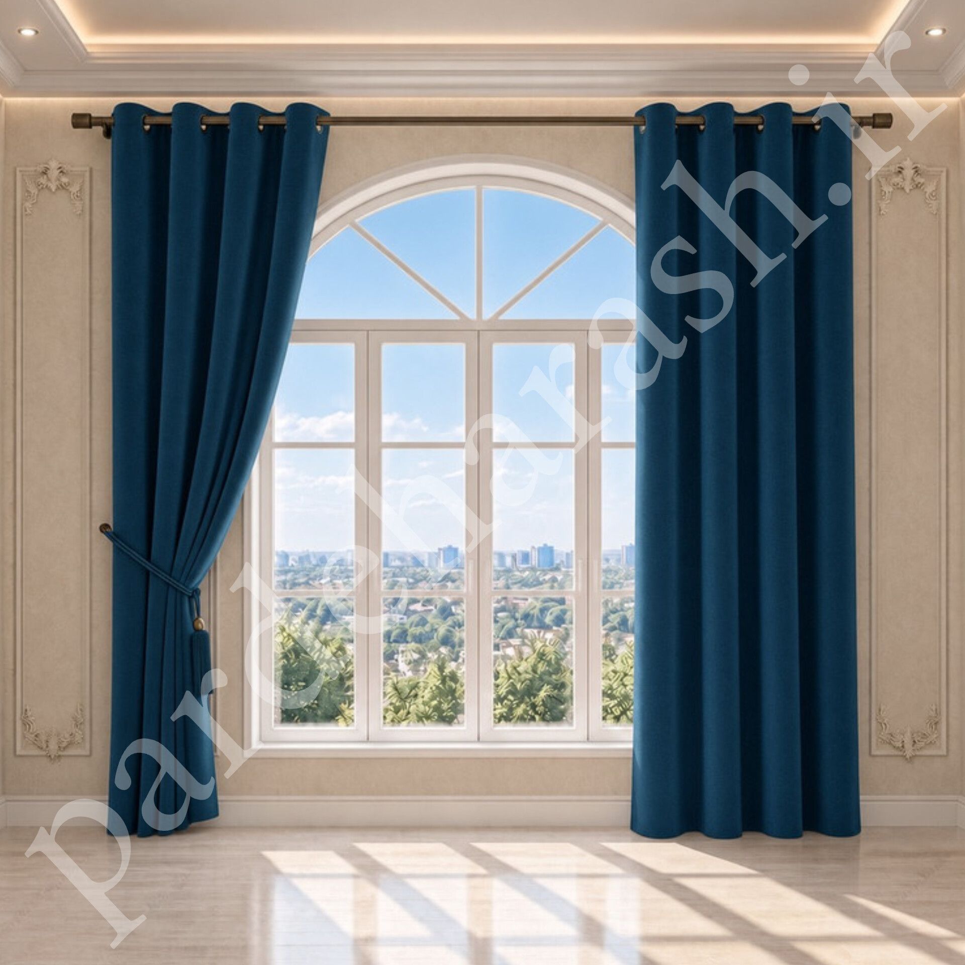 پرده آماده پانچی ، مدل مخمل دلاریس براق ، رنگ آبی نفتی تیره ، کد Delaris-30