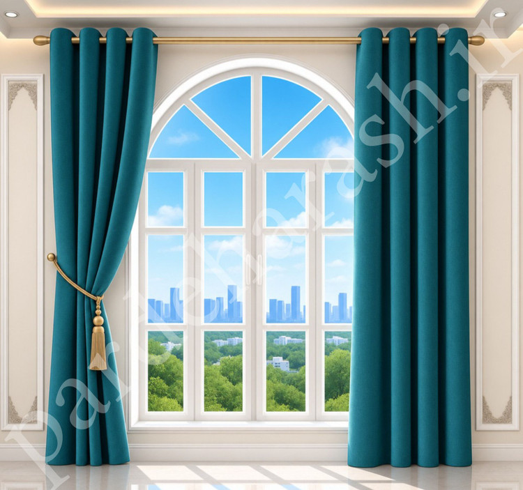 پرده آماده پانچی ، مدل مخمل دلاریس براق ، رنگ فیروزه ای تیره ، کد Delaris-21