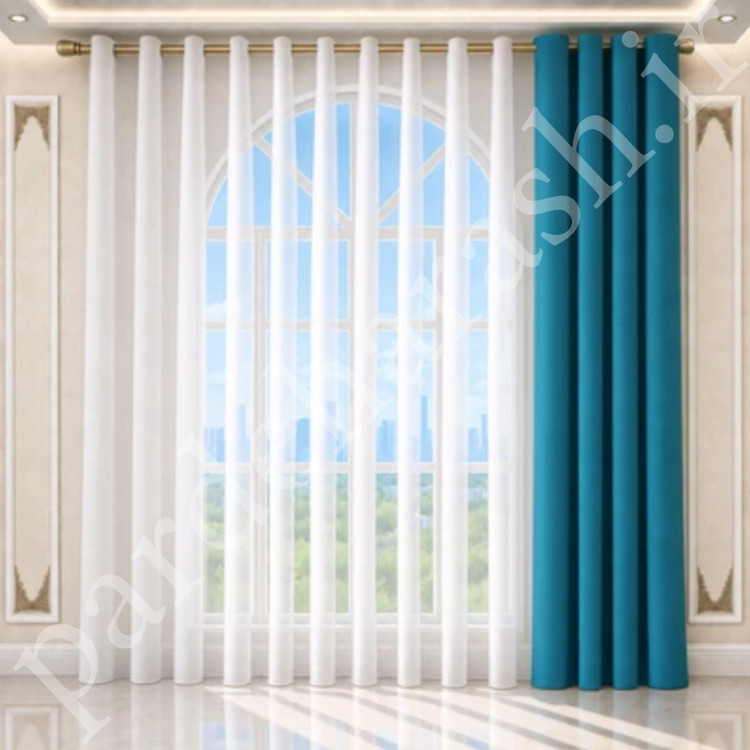 پرده آماده ، مدل حریر ساده سفید شیری پارس دکور و هازان ایرانی فیروزه ای روشن ، کد Hazan-1021