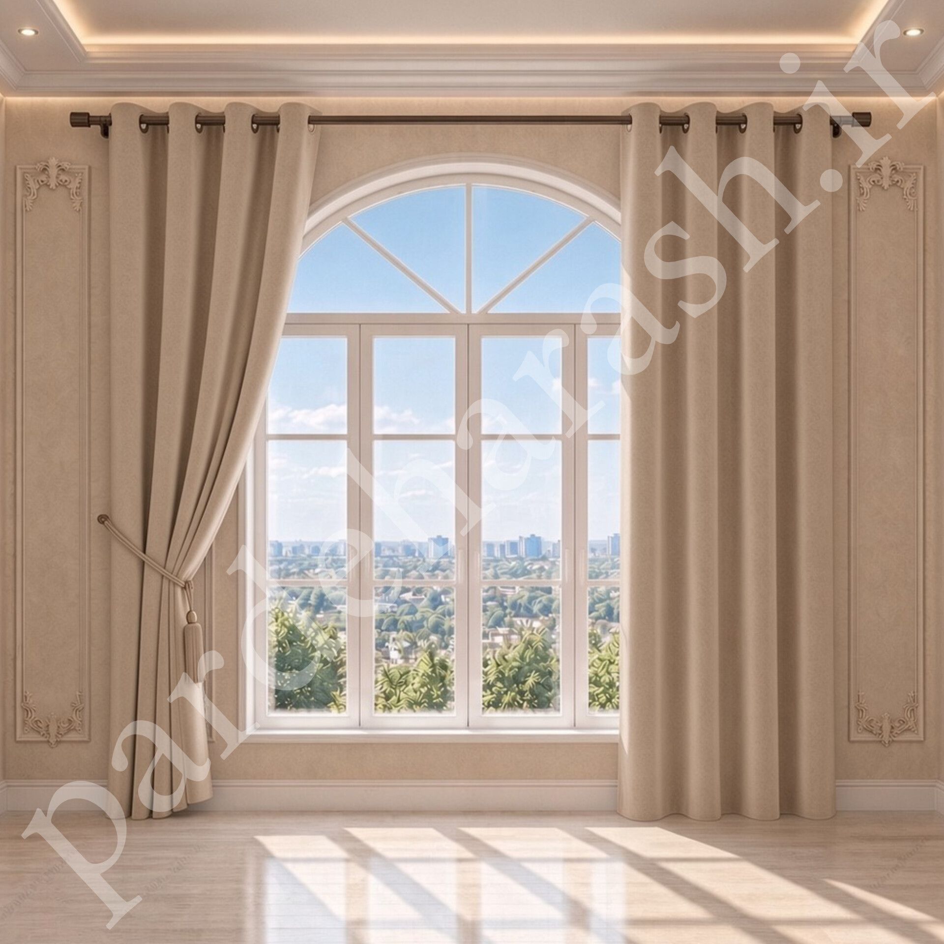 پرده آماده پانچی ، مدل مخمل دلاریس براق ، رنگ کرم بژ روشن ، کد Delaris-10